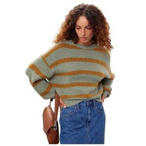 Spiritual Gangster Stripe Blake crewneck Large Sweater Olive Green & Orange Knit